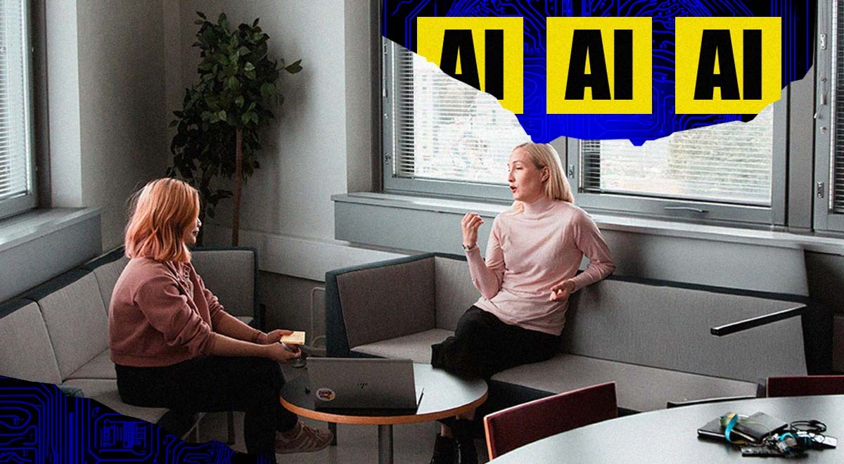 A therapist talks to a patient and letters "AI" above their head