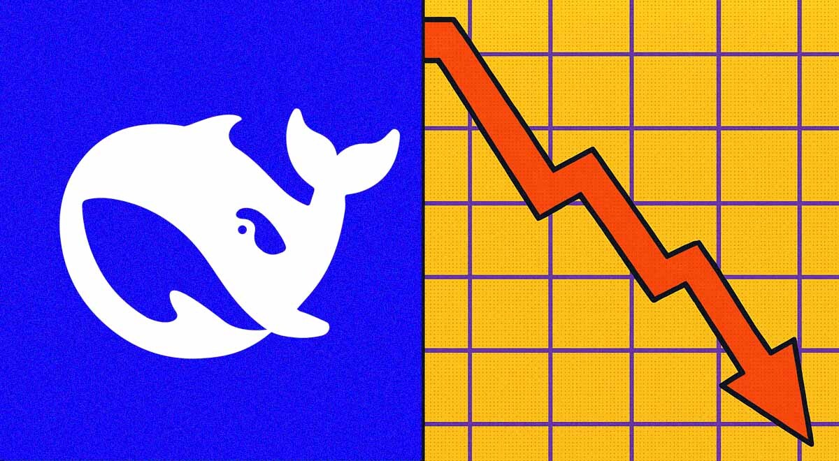 Splitscreen of the Deepseek AI logo and a negative trend on a graph.