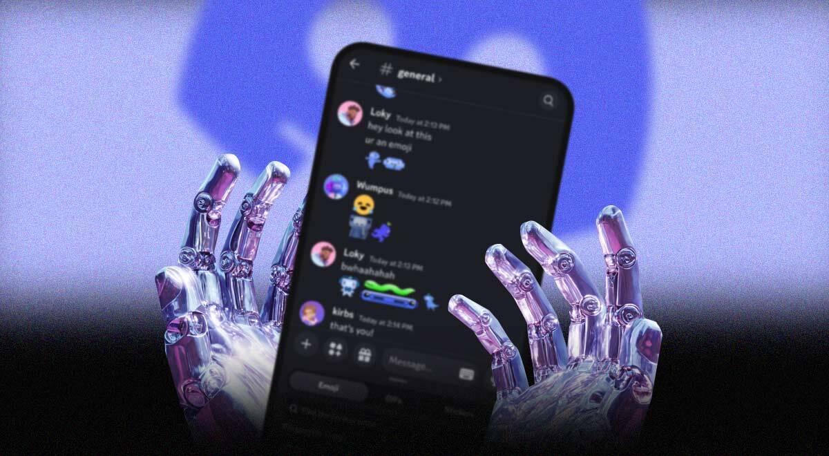 A pair of robot hands holding a blurred out chat on Discord, on a phone.