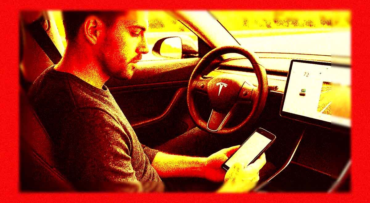 Driver texting in Tesla