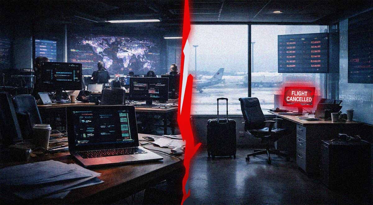 A split-screen of a tech workers office, and a flight cancelled warning.
