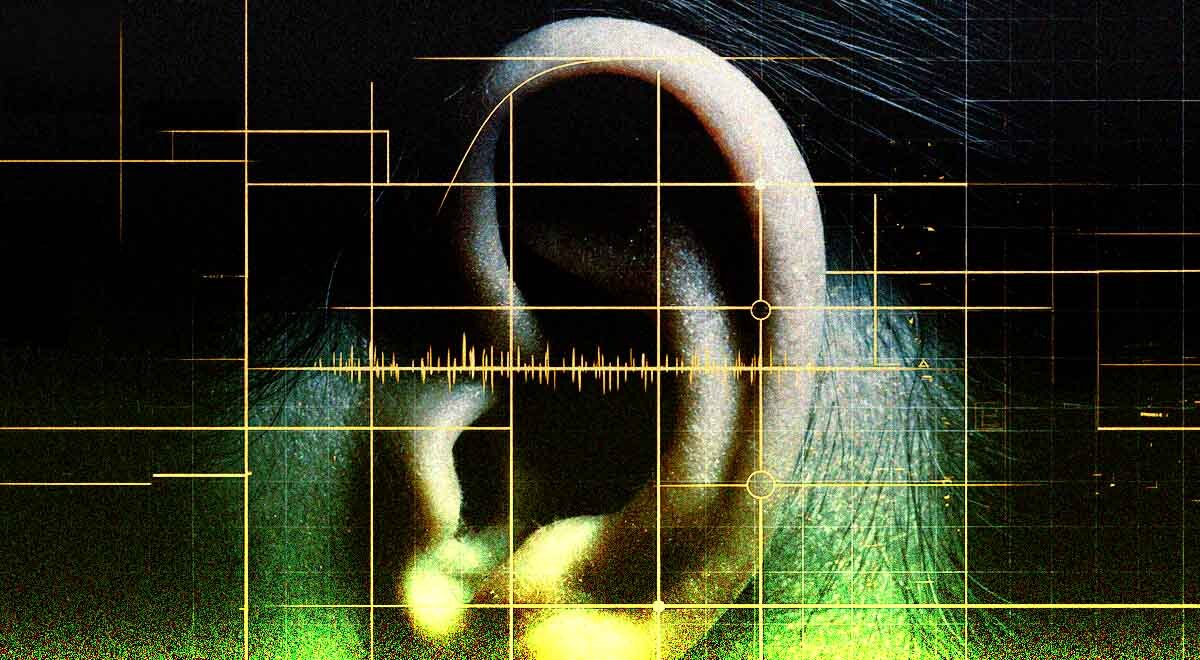 A human ear on AI biometric gridlines.