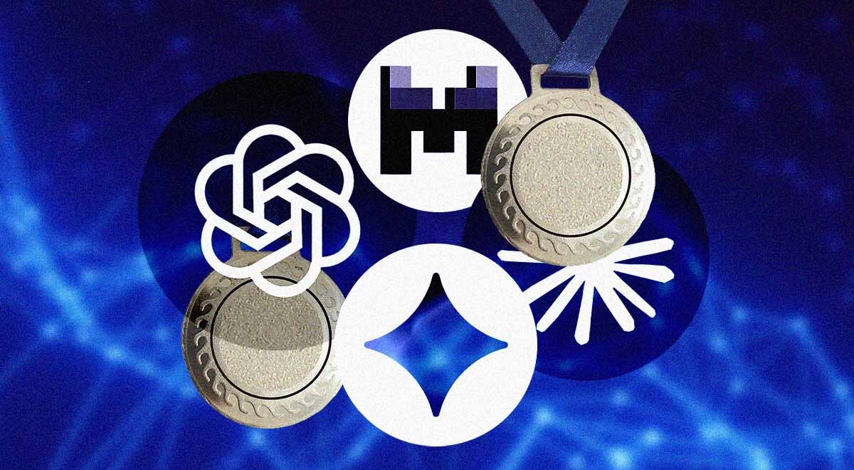 medals with big AI company logos, like Chat gpt. blue background