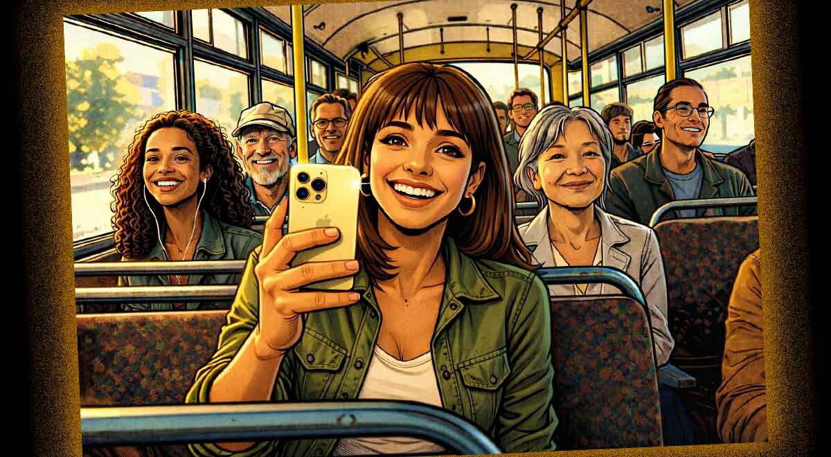 Person with an iPhone in a bus