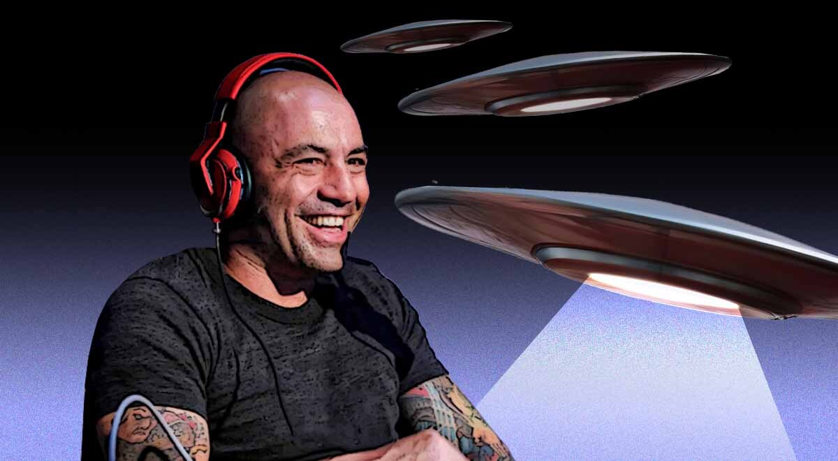 An artists impression of Joe Rogan doing a podcast with UFO's flying overhead.