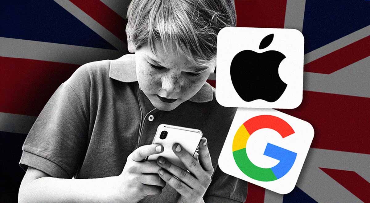 A boy using a smartphone, logos of Apple and Google