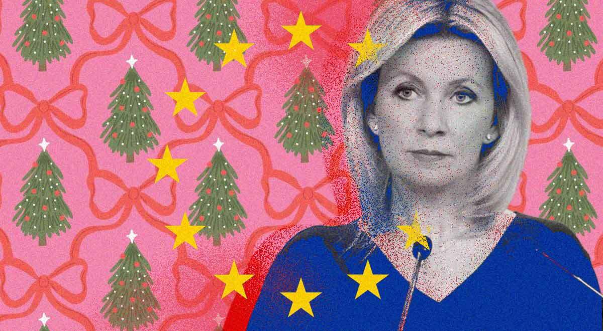 Maria Zakharova and Christmas trees in the background