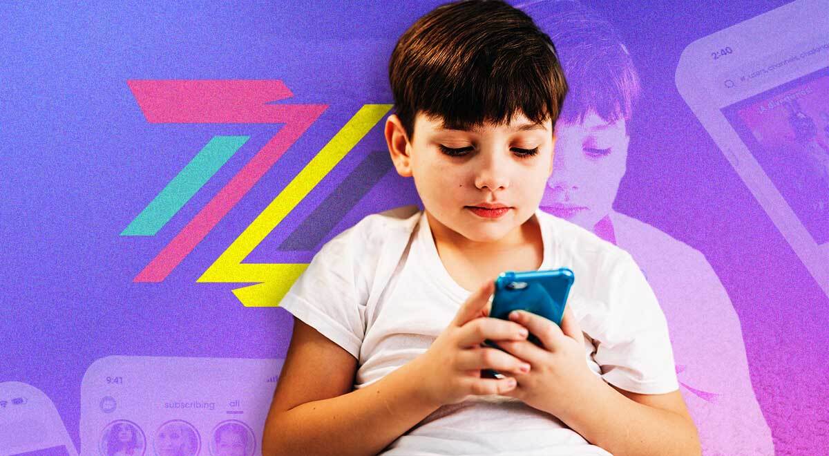A child using a smartphone and Zigazoo logo behind them