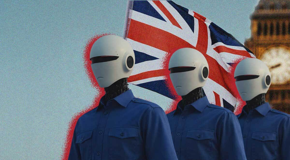 Robots marching in front of the UK flag, Big Ben