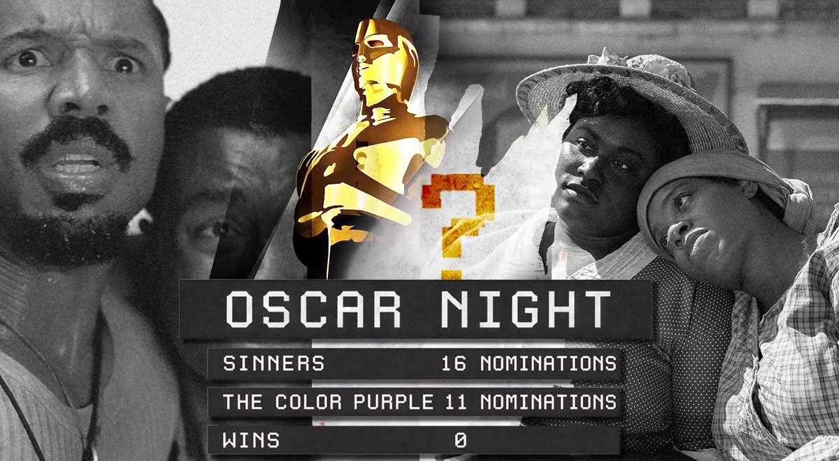 A split-screen and scoreboard of Sinners and The Color Purple in relation to Oscar nominations.