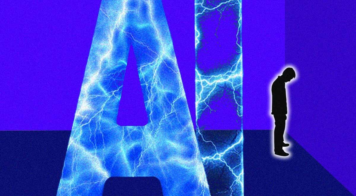 Letters AI and a dark figure standing in the corner