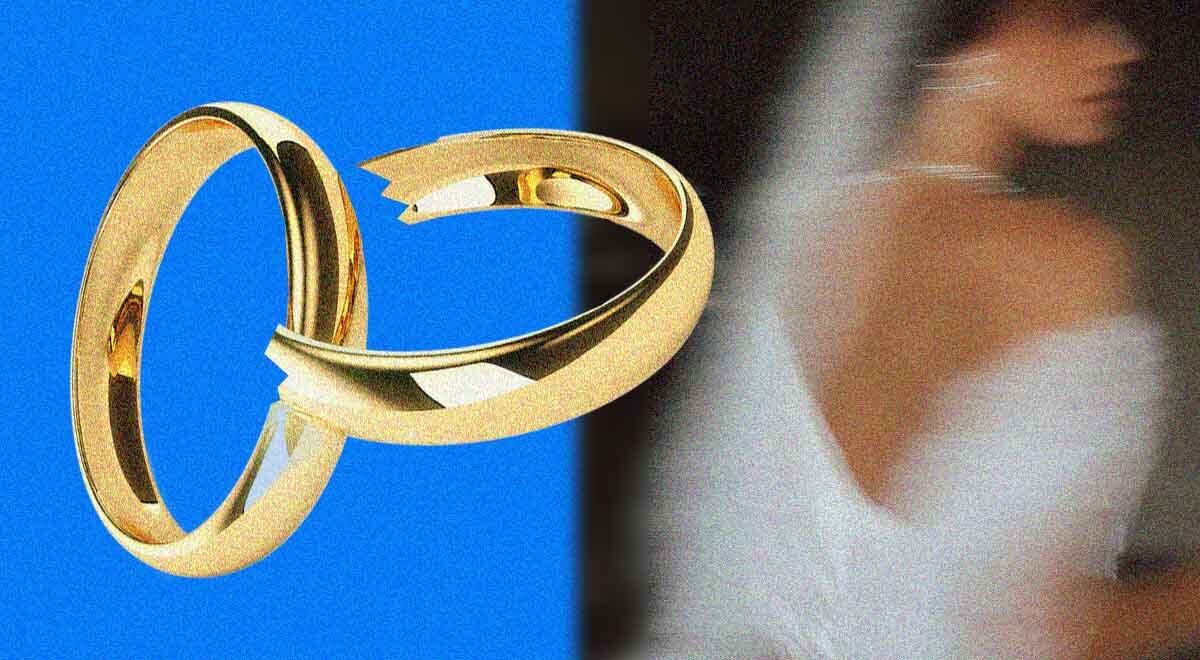 Wedding rings and a bride in a white dress