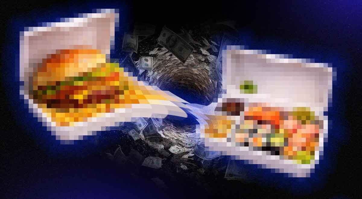 A pixelated burger and sushi takeout next to swirling US dollars.