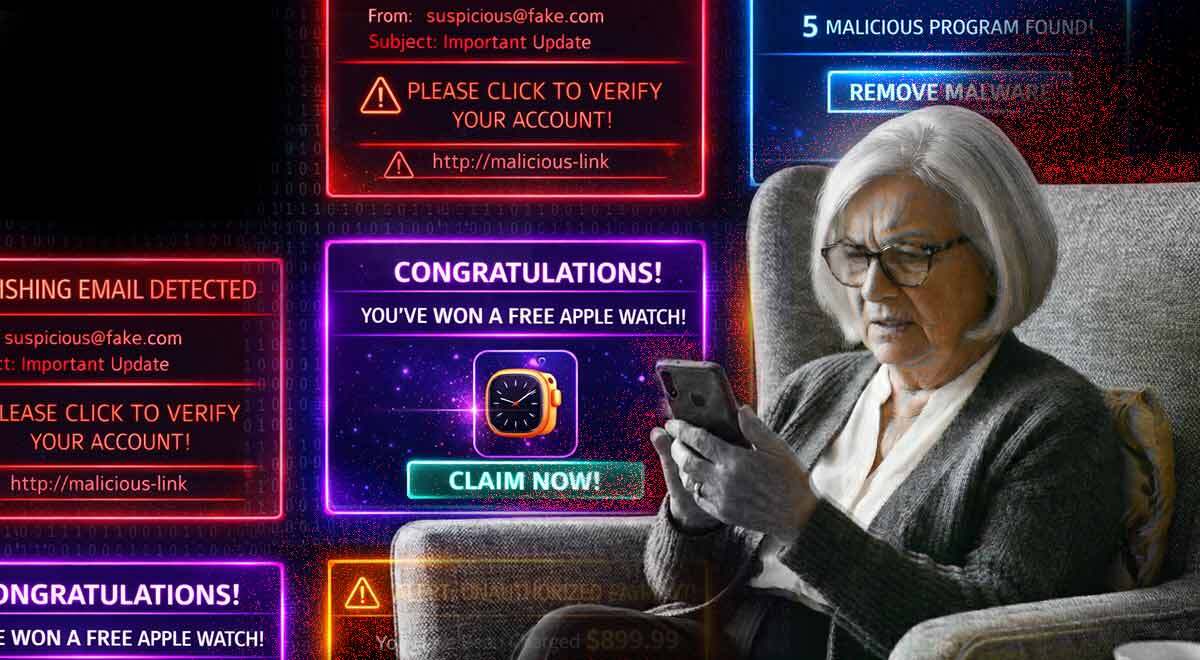 Elderly person sitting in a chair, receiving scam alerts via smartphone