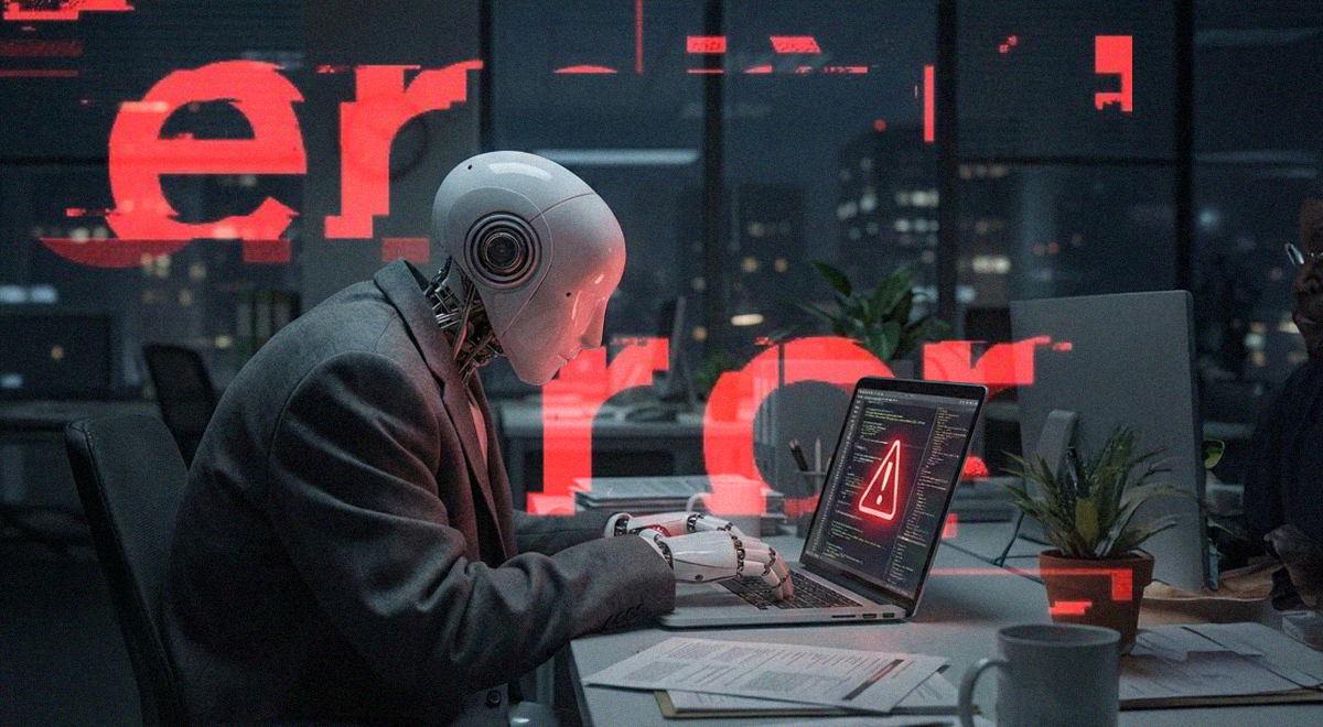 A robot in suit working in the office, the laptop screen displaying error symbol
