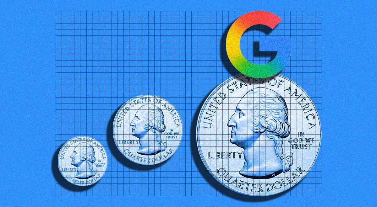 Google logo and quarter coins on a blue background
