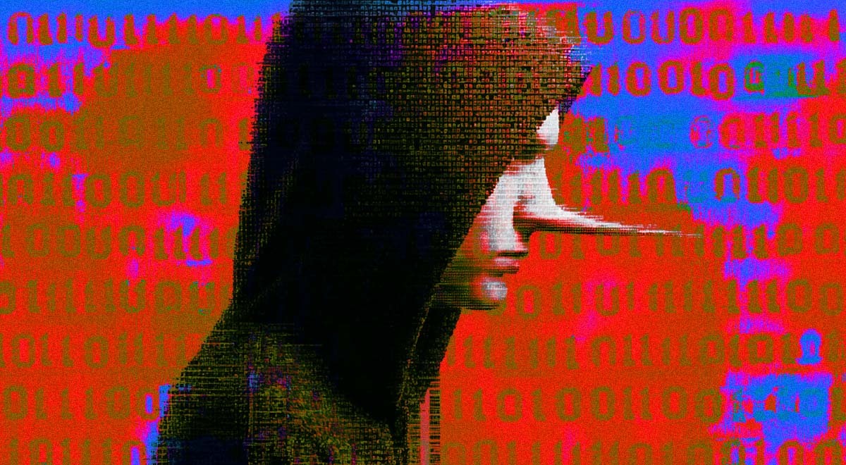 Hoodied hacker with long nose on ASML data breach