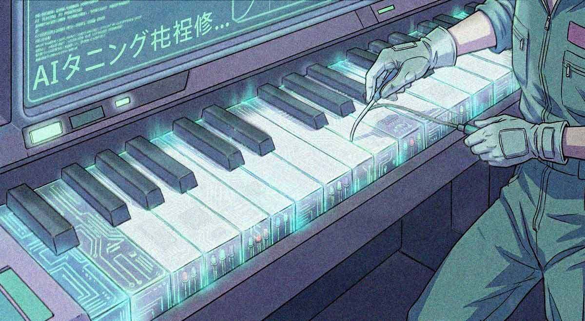 A piano keyboard as if getting tuned.