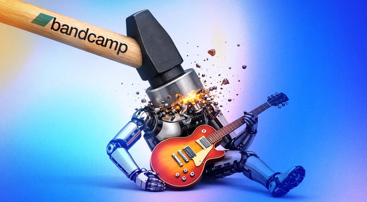 robot with a guitar being smashed with a hammer