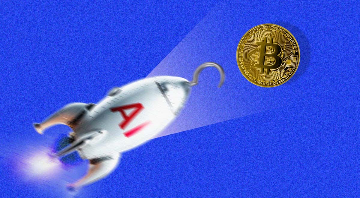 rocket with the  text ai and visual hook on it flying towards bitcoin