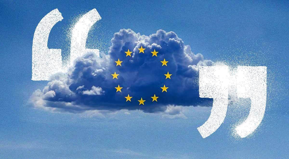 European Union stars on an actual cloud with speech marks.