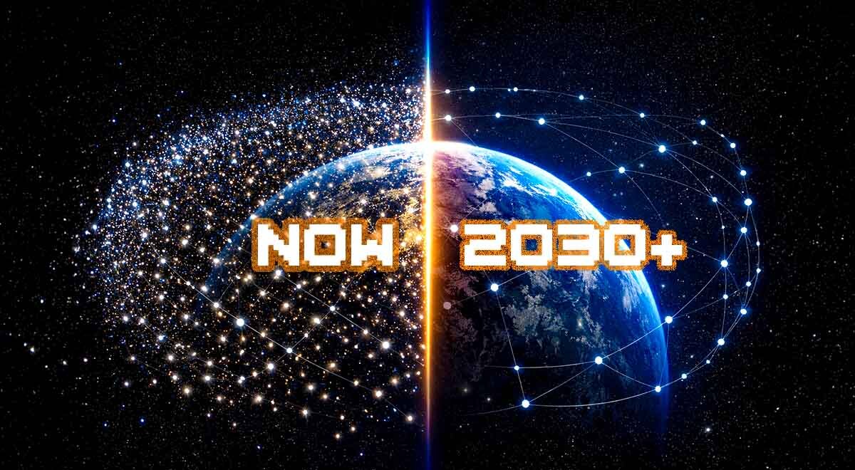 Earth and satellites now (clustered) and in 2030 (more space).