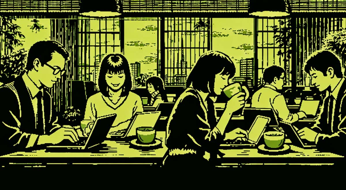 People sitting in a cafe, enjoying drinks; Tokyo cofee shop; digital nomads; tech workers
