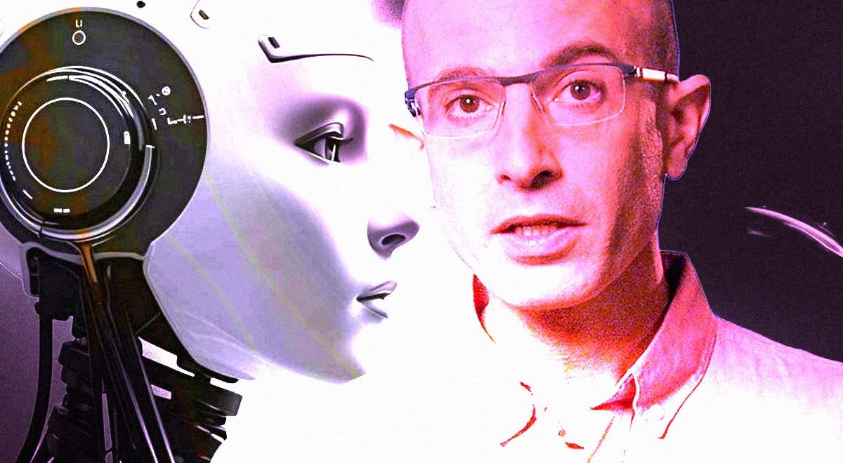 A robot and Israeli author Yuval Noah Harari