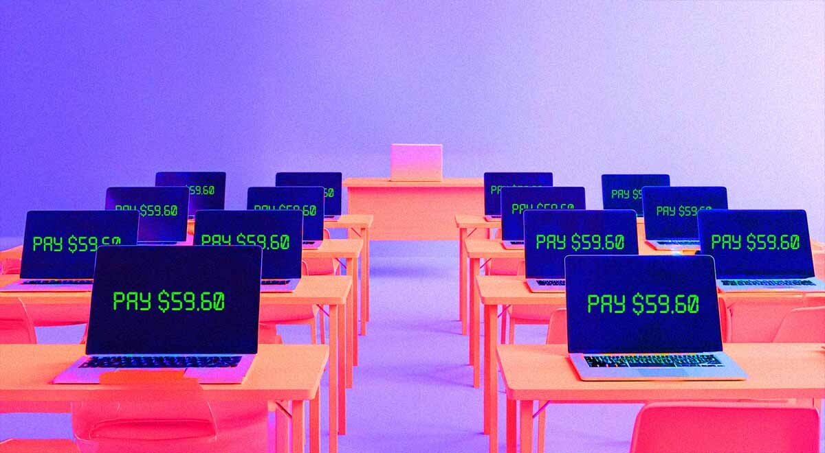 a classroom filled with monitors
