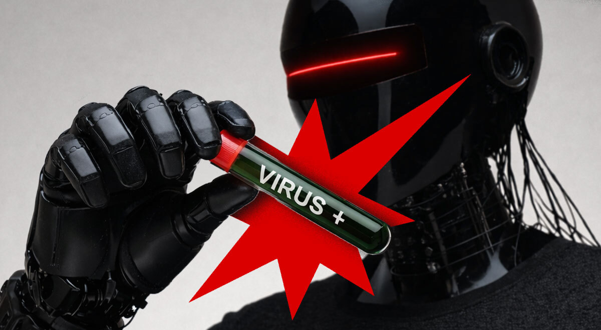 A robot holding a test tube which says "virus"