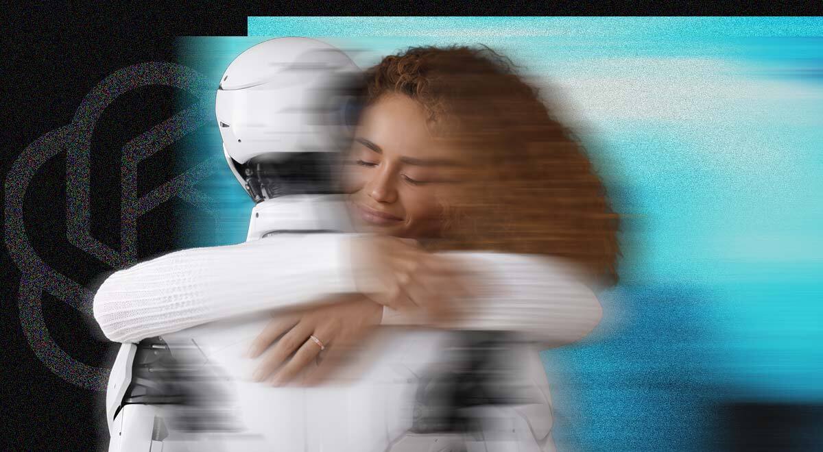 A woman is hugging a robot, ChatGPT logo on the background