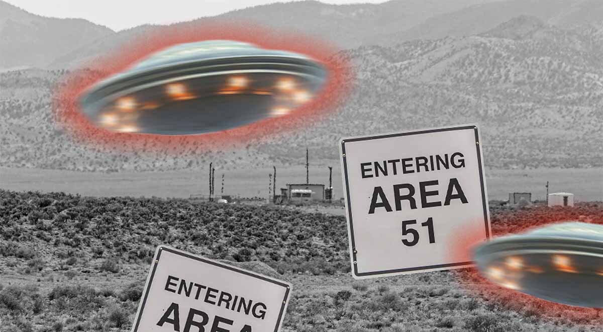 A UFO spinning through a black and white background of Area 51.