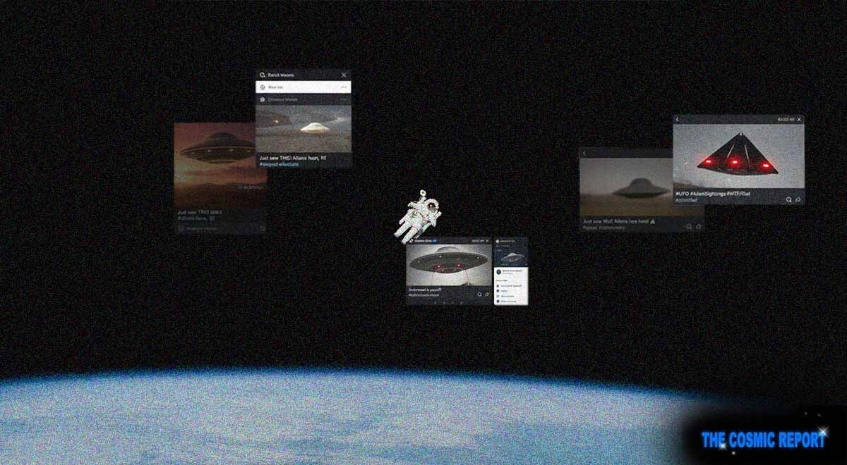 An astronaut floating in deep space alongside some social media screenshots.