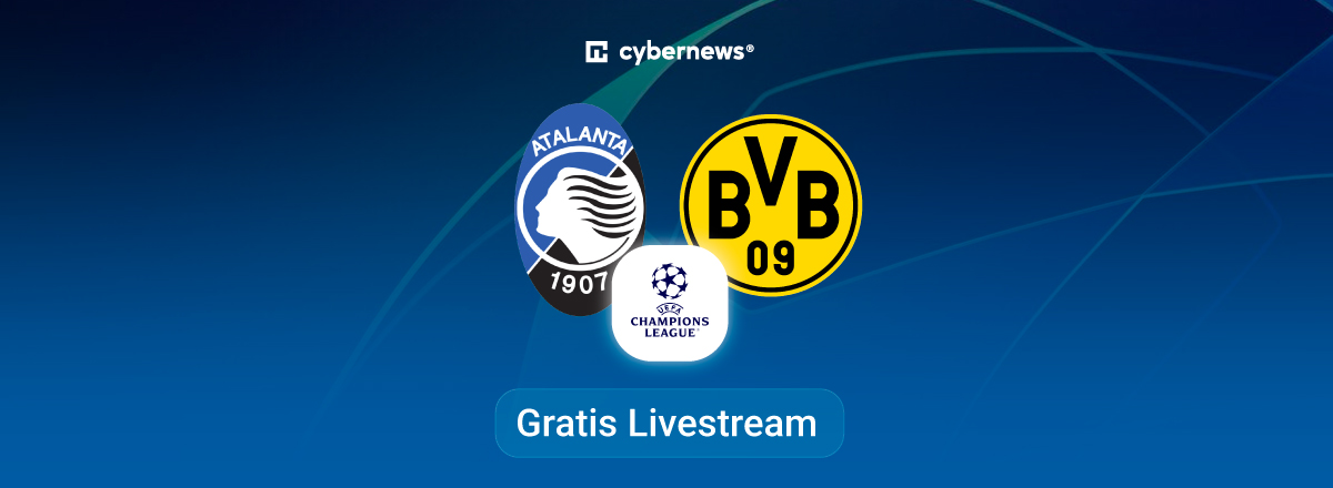 Atalanta vs Dortmund, team logos, blue background