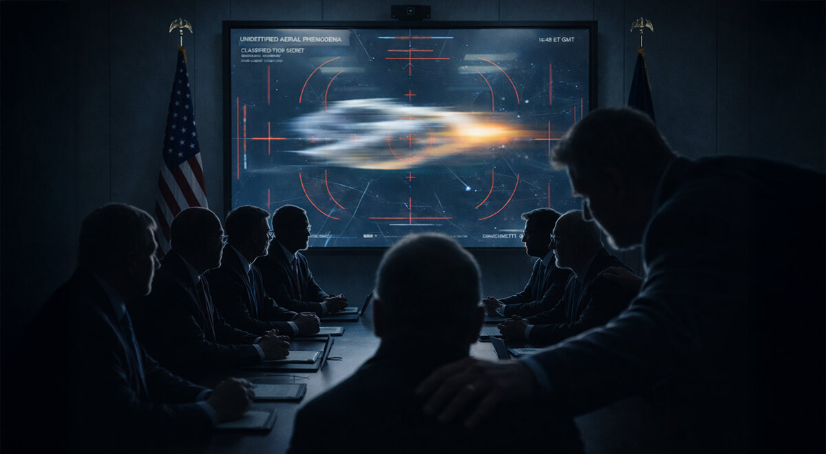 Silhouetted politicians around a table watching a blurred UFO.