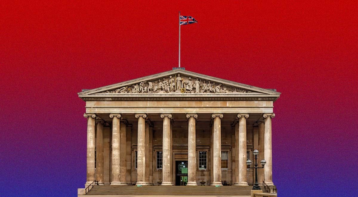 The British Museum on a red background