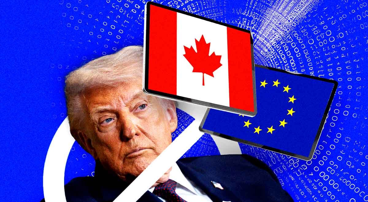 Donald Trump behind the ban symbol, Canadian and European Union flags