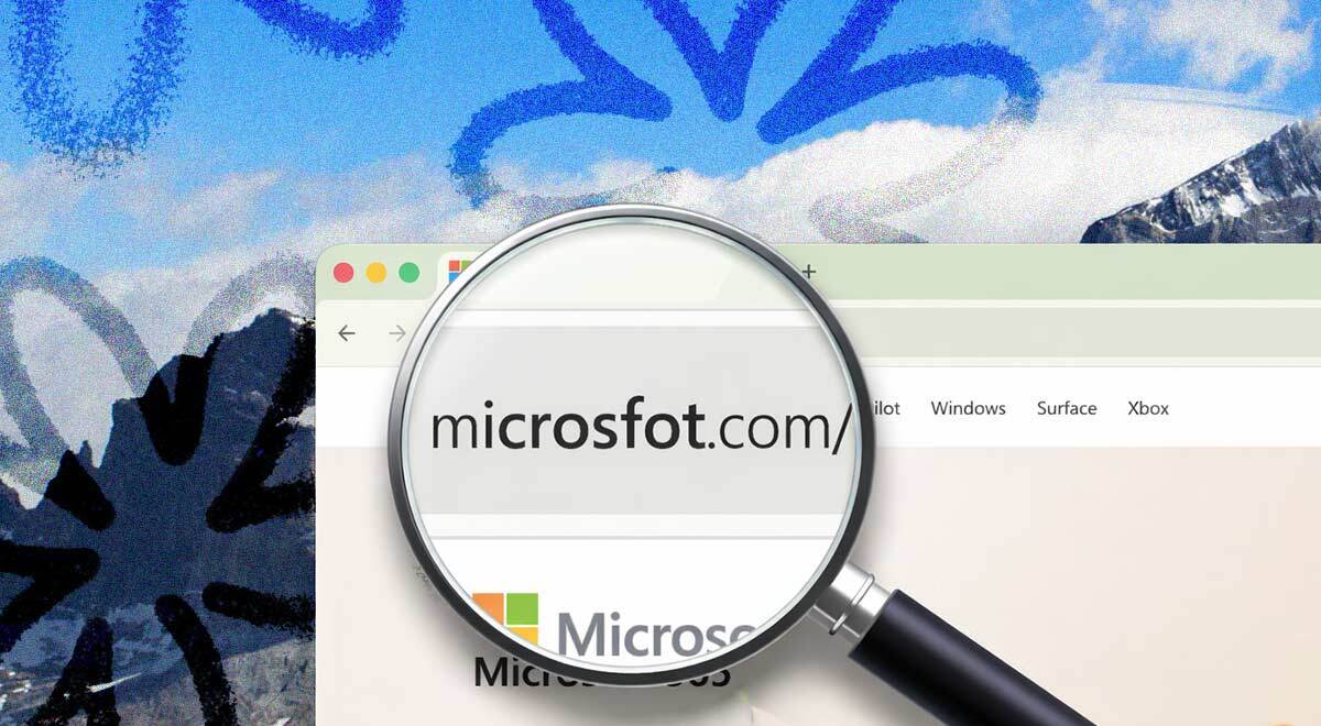 A magnifying glass revealing a URL that's spelled "Microsfot" instead of "Microsoft"