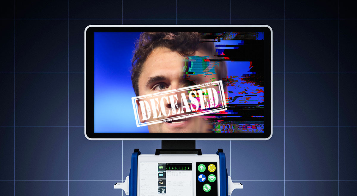 A glitched Charlie Kirk photo on medical screen with a deceased label on the front, in a hospital.