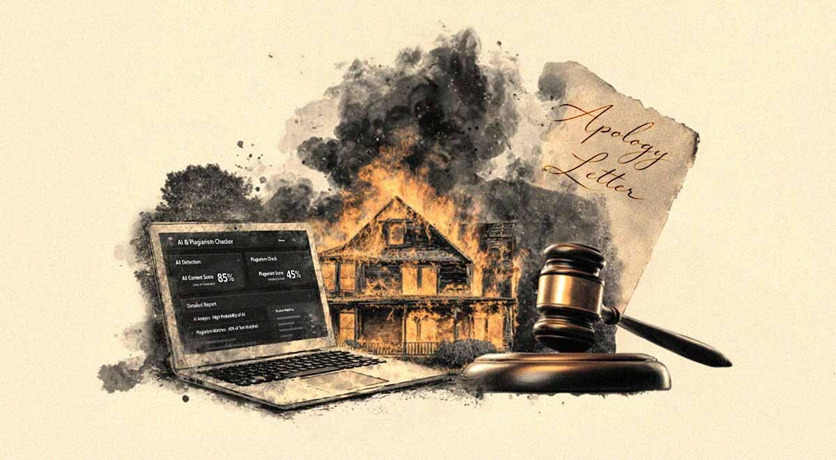 A smoky visual of a house burning down, along with a judges gavel and an AI writing detector.