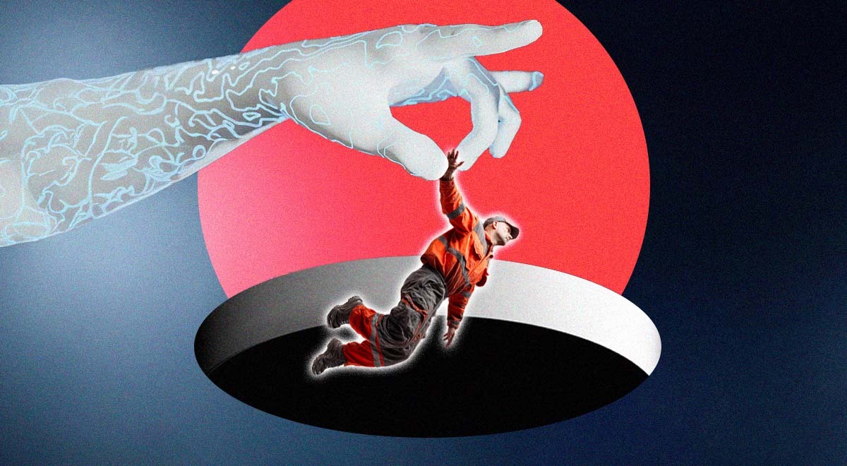 A robot's hand holding a person dressed as a worker who is about to fall