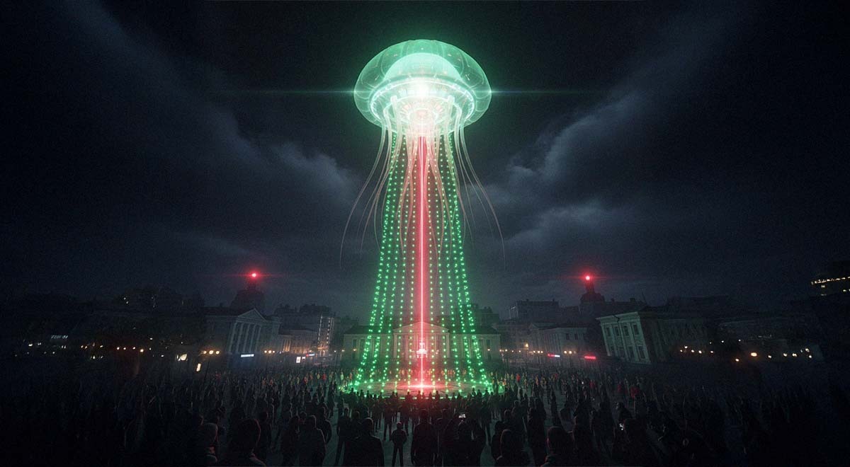 A jellyfish UFO beaming down red and green lights on a silhouetted crowd at night.