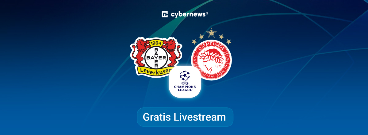 Leverkusen vs. Olympiakos, Team Logos, blue Background