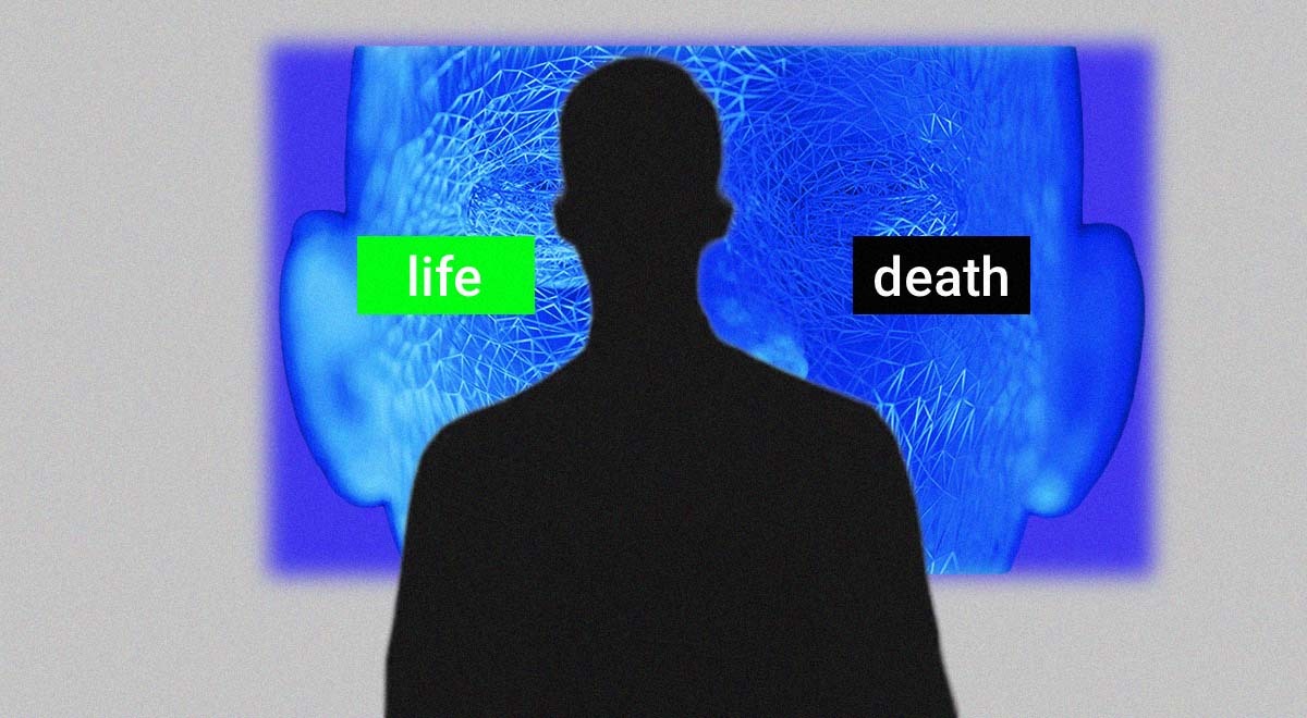 A human silhouette placed over an AI brain asking an ethical question of "life or death."
