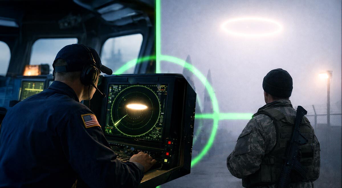 Sailor on Navy bridge sees glowing disc on radar; guard at foggy missile base sees circular light.