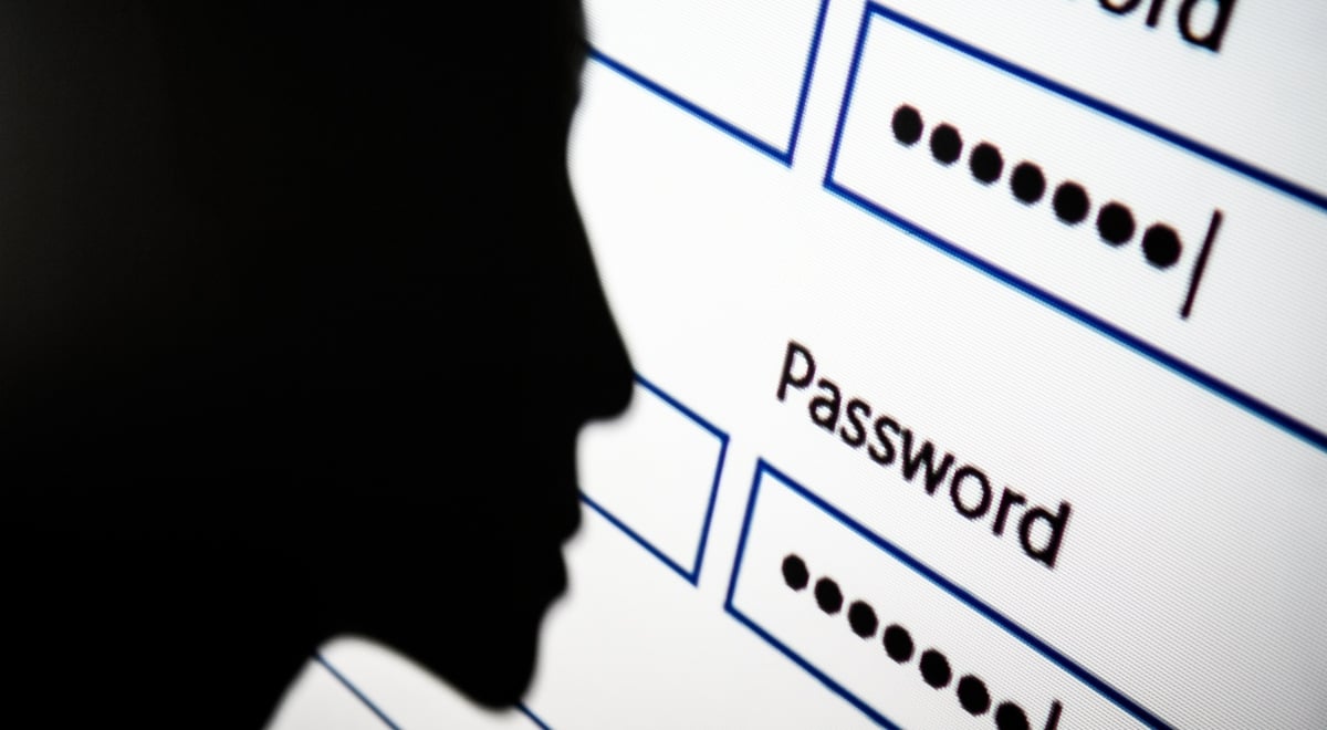 A silhouette of a person's face looking at a screen requiring a password