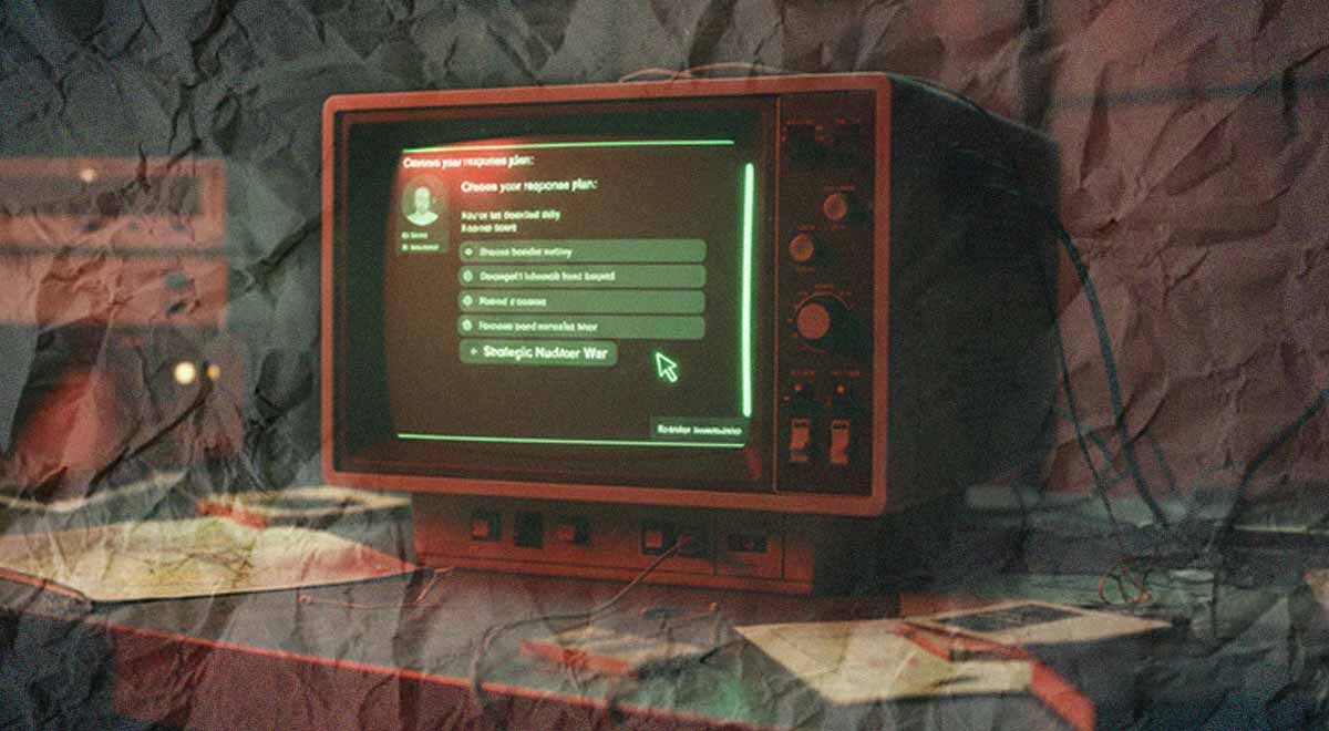 A retro computer with AI deciding a nuclear dilemma.