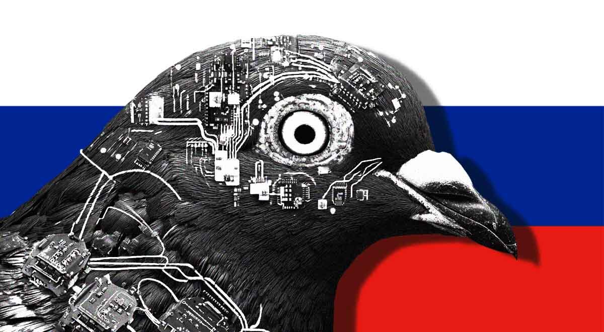 A robot pigeon and Russian flag on the background