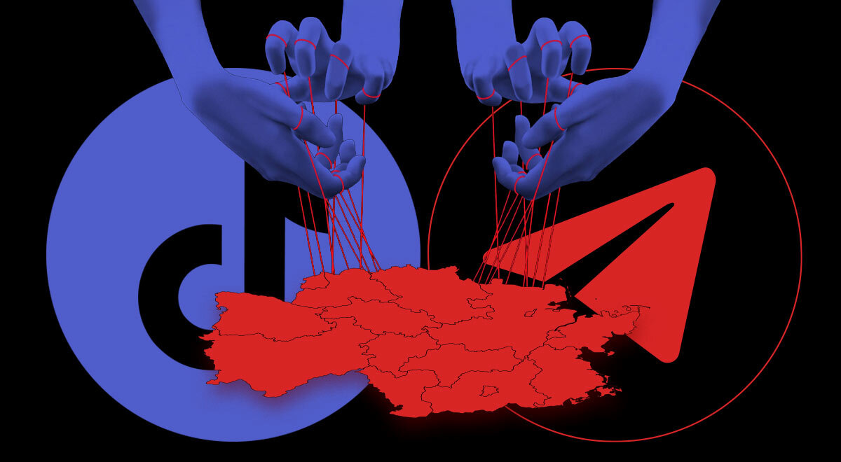 A TikTok logo and Telegram logo entangled in puppet strings controlling a map of Germany.