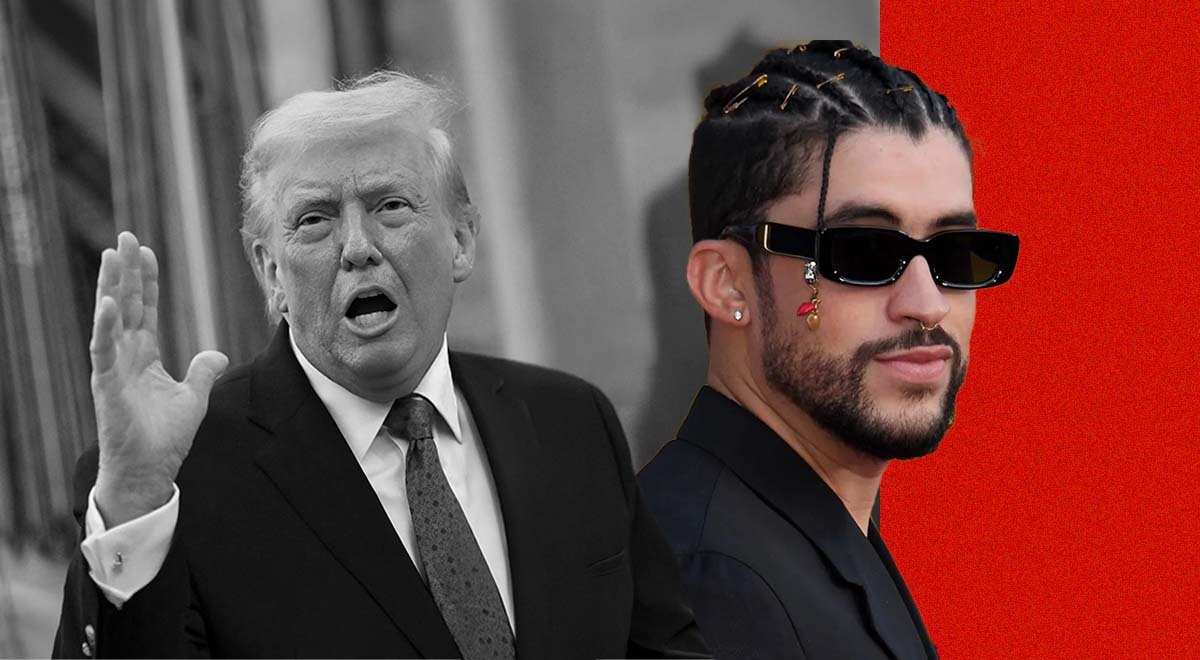 Donald Trump in black and white and Bad Bunny in full color.